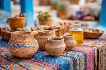 Fototapeta premium Rustic Pottery and Natural Oils Displayed on Colorful Textile in a Traditional Market Setting, Capturing the Essence of Artisan Craftsmanship and Cultural Heritage