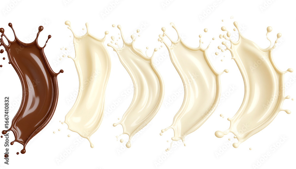 Poster chocolate and milk splash sequence on black. colors blend. dynamic liquid shapes. splashes vary in s