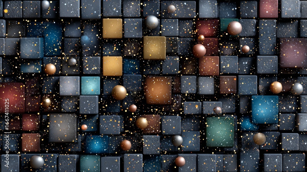 Poster an abstract composition featuring various colored cubes and spheres creating a dynamic and colorful 