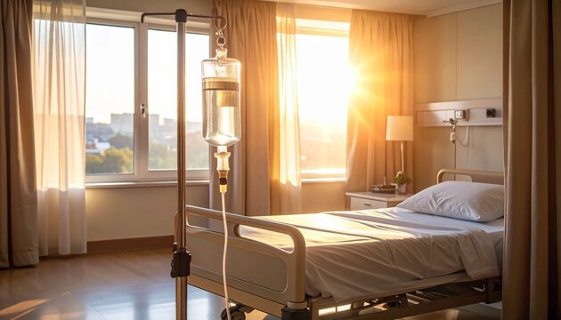 An empty, quiet hospital room with a patient bed and an IV pole near a large window illuminated by the rising or setting sun.&nbsp; Warm light fills the room, creating a serene atmosphere