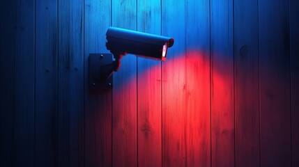 Security surveillance camera mounted on a wooden wall under the night light