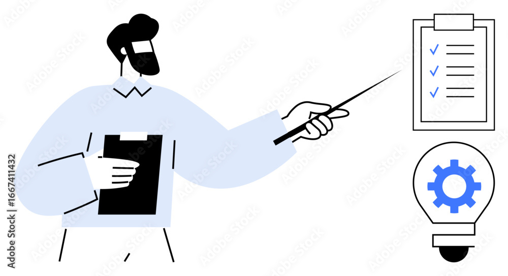 Poster professional presenting checklist with a pointer while holding a clipboard. light bulb with gear rep