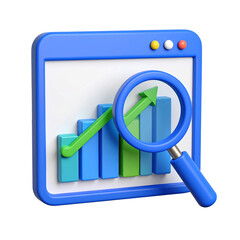 A blue 3D digital interface visualizes data bars with green upwards arrow through a magnifying glass