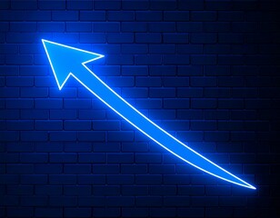 Neon blue arrow on dark brick wall