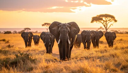 Fototapeta premium Wild African Elephants Walking Together as a Herd in the Golden Savanna, Capturing the Majesty of Wildlife at a Breathtaking Sunset