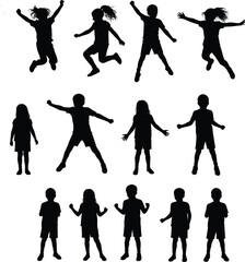 Silhouette children jumping and standing, active kids in motion, playful childhood activities, outdoor fun, lifestyle, exercise, energy, friendship, movement
