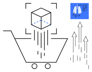 Shopping cart under 3D scanning cube, healthcare details, and upward arrows symbolizing innovation. Ideal for e-commerce, technology, healthcare, progress, digitalization innovation growth. A