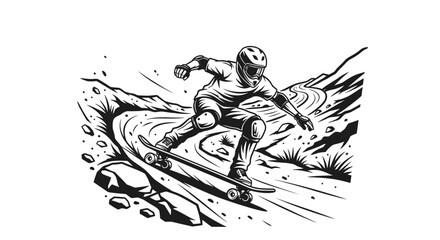 Monochromatic artwork capturing a downhill skateboarder on rocky terrain