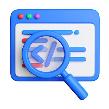 3D icon, web page, code, magnifying glass