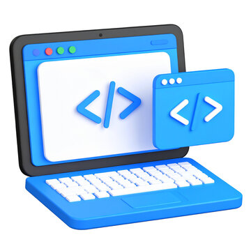 3D illustration of a light-blue laptop displaying code