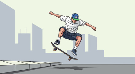 Naklejka premium Skateboarder executes a dynamic aerial trick against city backdrop design