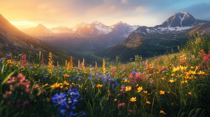 Fototapeta premium A lush mountain valley filled with colorful wildflowers and soft grasses on blurred background