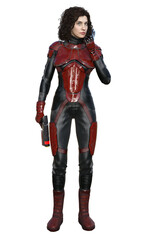 Futuristic Brunette Woman wearing Red and Black Sci-Fi Armor Holding a Gun and Speaking into a Communicator on Transparent Background