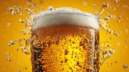 Hyper realistic close up of giant clear beer glass filled with golden liquid, sparkling bubbles and thick foamy head, glossy highlights on seamless bright yellow background