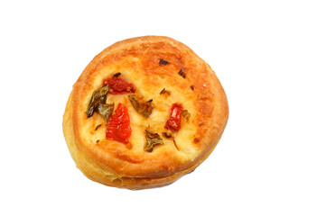 Vegetables vegetarian toppings Pizzette Pizzetta mini Pizza, a small pizza topped with pieces of tomatoes and peppers, baked in the oven and served as a snack