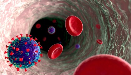Microscopic view of virus particle and red blood cells in blood vessel.