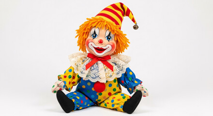 A colorful clown doll with a striped hat and orange hair sitting against a white background studio shot