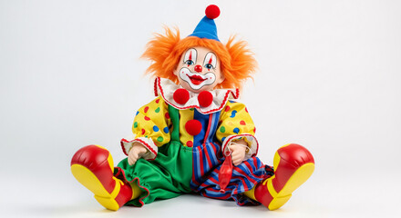 Naklejka premium Seated clown doll with orange hair and colorful outfit against a white background studio shot