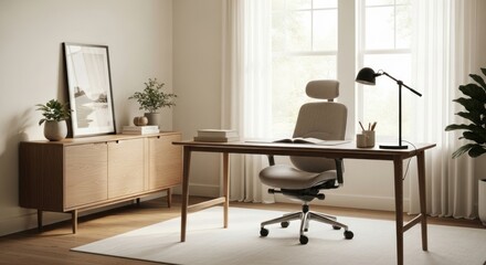 Fototapeta premium Modern Home Office Setup with Ergonomic Chair and Natural Light