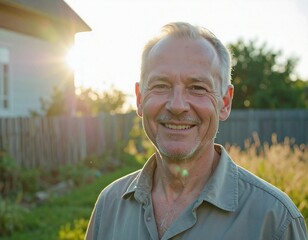 A cheerful senior man smiles warmly in his backyard garden, bathed in the golden light of a beautiful sunset.