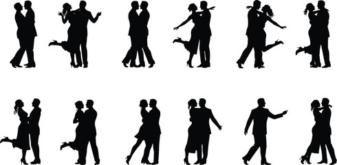 Silhouette couple dancing, romantic love, man and woman embrace, wedding dance vector, relationship illustration, passion pose, black romance figure design