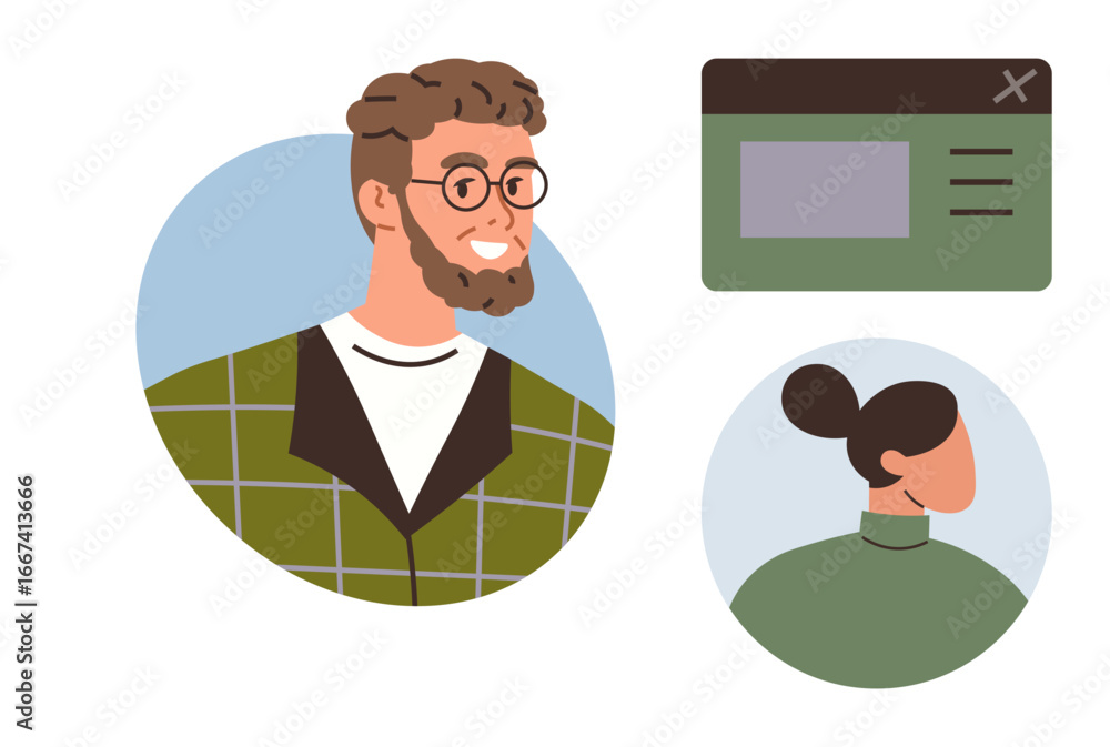Poster two diverse team members with profile views, one smiling, alongside a minimalist web interface mocku