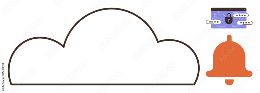 Aufkleber cloud outline with secure credit card lock icon and alert bell representing data storage, security, 