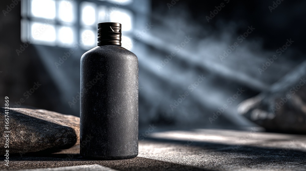 Poster scandinavian style matte plastic preform bottle with cap on dark stone background, centered composit