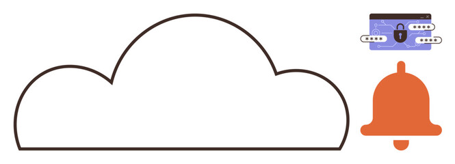 Cloud outline with secure credit card lock icon and alert bell representing data storage, security, and notifications. Ideal for technology, cybersecurity, cloud computing, data protection, online