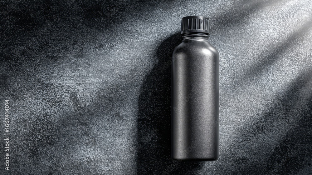 Poster scandinavian style matte plastic preform bottle with cap on dark stone background, centered composit