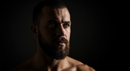 Fototapeta premium Portrait of handsome bearded man looking away in studio against dark area for lifestyle and fashion