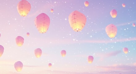 Pink Paper Lanterns Floating in Dreamy Pastel Sky with Stars