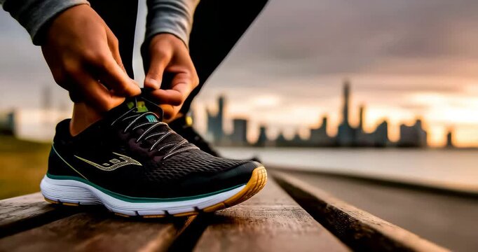 A jogger tying shoelaces on a city bench - soft morning light - blurred skyline background