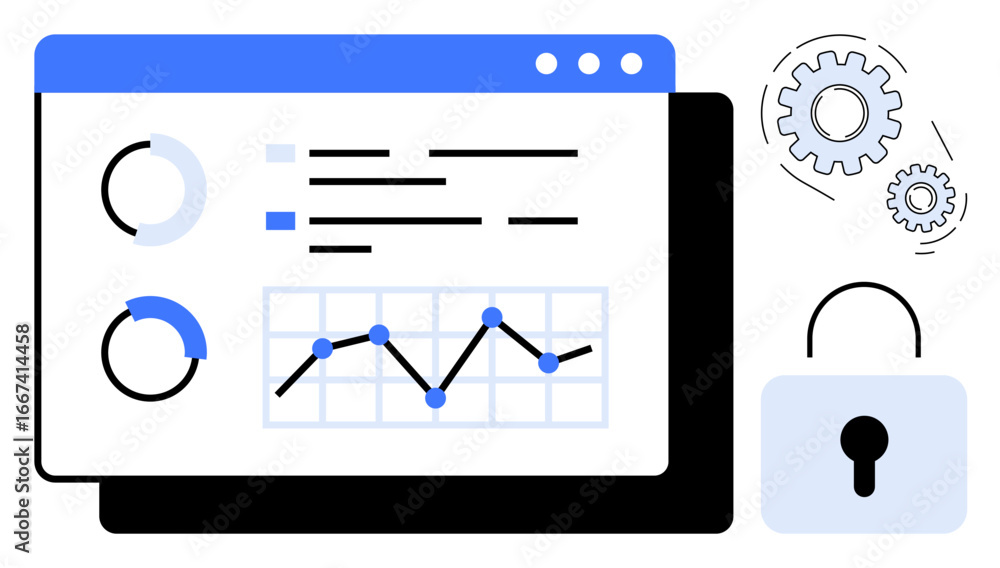 Poster analytical dashboard with charts, graphs, and gears representing workflow optimization beside a lock