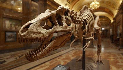 Dinosaur skeleton, likely a Tyrannosaurus Rex, displayed in a museum setting with ornate architecture.