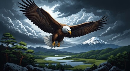 Naklejka premium Majestic Bald Eagle's Epic Flight Through Stormy Skies Over a Mountain River Valley.