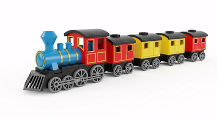 A colorful toy train with a blue engine and red and yellow cars on a white background studio shot