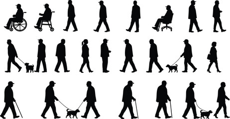 Silhouette people walking, man with cane, person in wheelchair, elderly with dog, woman, community lifestyle, disability, mobility, urban diversity