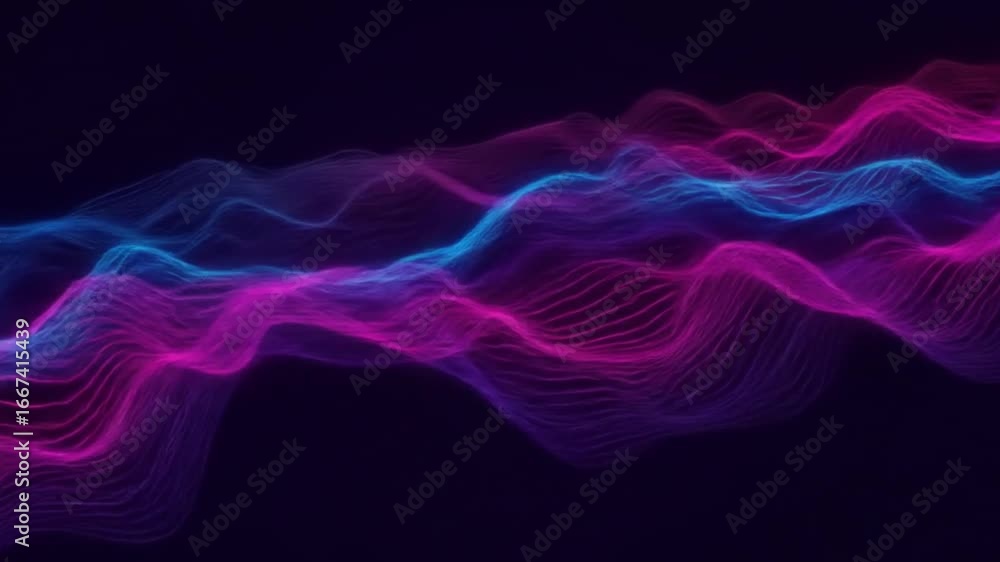 Poster dynamic abstract neon waves flowing across a dark background, perfect for tech visuals