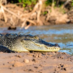 Obraz premium A close-up view of a resting crocodile on the riverbank, showcasing its textured skin and sharp teeth, bathed in natural light.