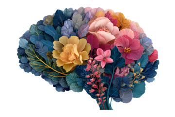 Floral human brain. Mental health concept. Colorful lants and leaves on white ackground, modern drawn, iage is generated with the se of an AI. Template desin elements. Blossom.