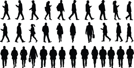 Silhouette people walking, men and women, office workers, business professionals, teamwork, urban lifestyle, communication, diversity, colleagues, professional success, group