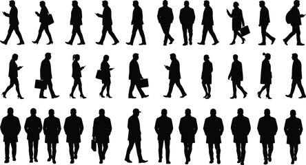 Silhouette group of business people, men and women walking, office staff, teamwork, professional colleagues, communication, urban lifestyle, corporate success, diversity