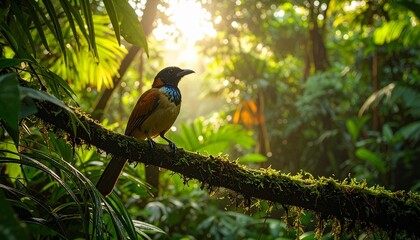 Beautiful Bird Resting on a Wooden Branch in the Heart of a Tropical Rainforest with Abundant Wildlife and Thick Jungle Greenery