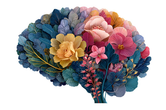 Floral human brain. Mental health concept. Colorful lants and leaves on white ackground, modern drawn, iage is generated with the se of an AI. Template desin elements. Blossom.