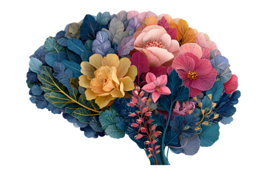 Floral human brain. Mental health concept. Colorful lants and leaves on white ackground, modern drawn, iage is generated with the se of an AI. Template desin elements. Blossom.