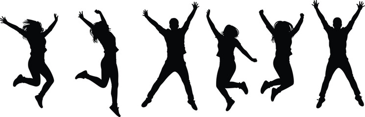 Silhouette jumping people, happy friends, energetic youth, active lifestyle, freedom expression, joyful celebration, group energy, fun movement, success achievement, vitality
