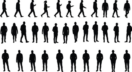 Silhouette people walking, standing, casual poses, modern lifestyle, urban fashion, group crowd, city pedestrian, business attire, outdoor activity, black outline illustration