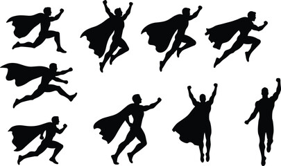Superhero silhouette flying, running, leaping, jumping, powerful hero with cape, strong comic character, heroic figure, fantasy man, action illustration, strength
