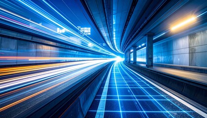 A futuristic tunnel with fast-moving light trails symbolizes speed, connectivity, and high technology. The illuminated digital network design on the tunnel floor shows the